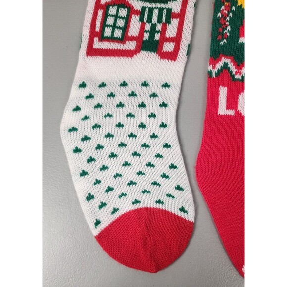 VTG Christmas Knit Stockings Lot Of 3 21" Pom Poms Toys Angel Love Santa Red - Picture 3 of 8